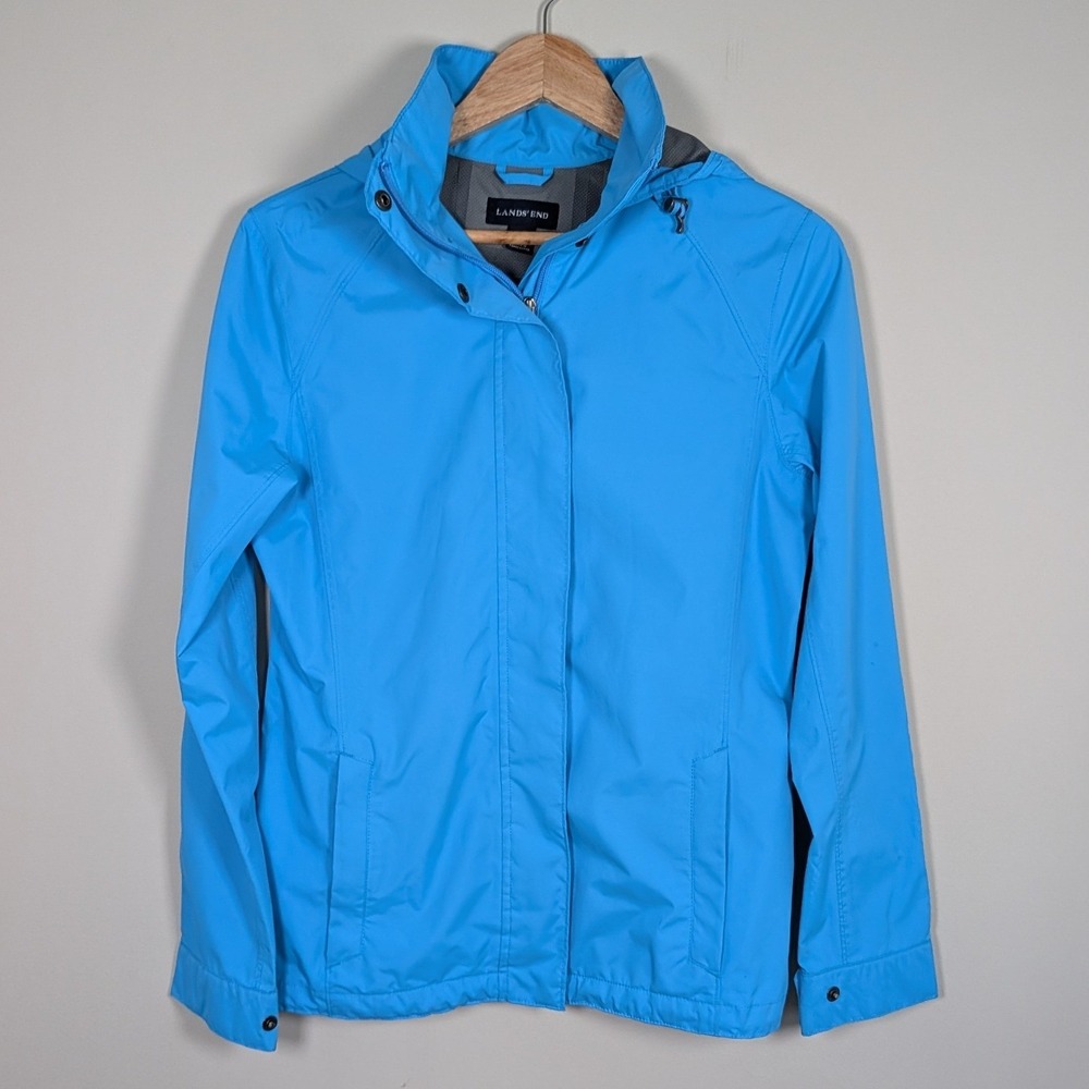 Lands' End Womens XS 2-4 Blue Hooded Rain Jacket Windbreaker Full Zip Mesh Lined